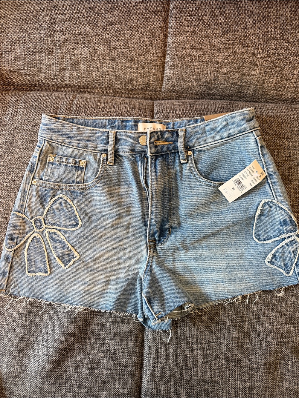 PacSun Light Blue Denim High-Rise Shorts with Bow Stitch Detail